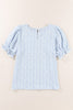 Light Blue Boho Floral Print Smocked Puff Sleeve Blouse