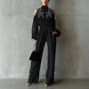 Black Embroidered Women’s Long-Sleeve Wide-Leg Jumpsuit by FitiqueFit