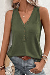 Black Half Button V Neck Patched Pocket Tank Top