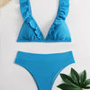 New Elegance Curve V-Neck Bikini Set – Sleek Solid Color High Waist Swimsuit with High-Cut Leg and Delicate Lettuce Trim – Stretch Comfort and Easy-Care Two-Piece Swimwear for Women’s Poolside Style by Stevvex