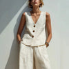 Linen Blend V-Neck Buttoned Vest & High-Waist Wide-Leg Pants Set – 5 Colors S–3XL by FitiqueFit
