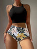 Island Bloom High Waist Bikini Set for Summer – Colorblock Tropical Print Two-Piece Swimsuit with Round Neckline Ultra-Stretch Fit & Applique Detail – Stylish and Comfortable Women’s Swimwear for Pool Beach & Summer Escapes by Stevvex
