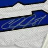 Framed Autographed/Signed Calvin Johnson 35x39 Detroit White Football Jersey JSA COA #2