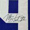 Framed Autographed/Signed Michael Strahan 35x39 New York Blue Football Jersey JSA COA