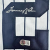 Framed Autographed/Signed Tommy John 35x39 New York Pinstripe Baseball Jersey Beckett BAS COA