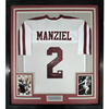 Framed Autographed/Signed Johnny Manziel 12 Heisman 35x39 Texas A&M White College Football Jersey JSA COA