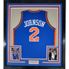Framed Autographed/Signed Larry Johnson 35x39 New York Blue Basketball Jersey PSA/DNA COA