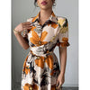 Women’s Printed Puff Sleeve Dress – Blouse Collar Cross-Tie Waist Style by FitiqueFit
