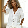 Women's Loose-Fit Faux Linen Embroidered Button-Up Top by FitiqueFit