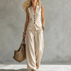 Women's Solid Linen Sleeveless Tank Top & Full-Length Pants Set by FitiqueFit