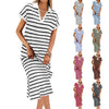Polo Collar Stripes Short Sleeve Split Long Dress