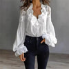Womens Lace-Patchwork Ruffle-Shoulder Pleated Shirt by My Store