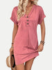 Elegant Button V-Neck Short Sleeve Dress Flattering Casual & Office Wear Simple Dress by Stevvex