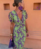 Women's Ruched Maxi Dress – V-Neck Short Sleeve, Form-Fitting Printed Elegant by FitiqueFit
