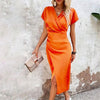 Split V-Neck Bodycon Dress – Slim Fit Short Sleeve Slit Dress by FitiqueFit