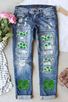 Wholesale Sky Blue St Patricks Clover Graphic Patchwork Sequin Distressed Jeans