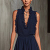 Lace Spliced V-Neck Mini Dress – Sleeveless High-Waist Ruffle Dress for Women by FitiqueFit
