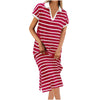 Polo Collar Stripes Short Sleeve Split Long Dress