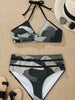 Bikini Camo Print 2 Piece High Cut Halter Swimsuit for Women – Vibrant V Neck Backless Bikini Set with Ruched Detail – Comfortable Stretchy Swimwear for Beach Pool and Summer Vacation by Stevvex