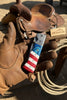 Patriot Damascus Folding Knife 7” opened – American Flag Handle with Leather Sheath by JW SteelCrafts