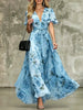 Women's Deep V-Neck Ruffle Sleeve Printed Maxi Dress – High Waist by FitiqueFit