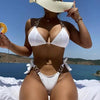 Bikini Ruched Texture Golden Chain 2 Piece Triangle Swimsuit for Women – Striped Halter Bikini Set with Bow Tie Side and Elegant Ring Link Detail – Stretchy Beachwear for Pool Bathing and Summer Vacations by Stevvex