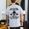"FUCK IT ALL" Defiant Skeleton T-Shirt – Men's Sarcastic Slogan Tee by Dog Mom Hat