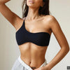 Women Single Shoulder Knot Swimsuit Short Top Swimwear One Shoulder Bikini Stripe Tie Knot Summer Vintage Black Swimsuits Bathing Top Beachwear Separates One Piece Tops by Stevvex