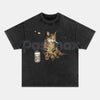 Wacky Cat Printed Design Unisex Oversized T-Shirt – Vintage Washed Graphic Crew Neck Tee