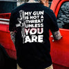 2A 'My Gun Is Not a Threat Unless You Are' Tactical Graphic Tee – Menswear Pro-Gun Rights Shirt, Bold Second Amendment Slogan Apparel by Dog Mom Hat