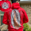 Red Virgen Mary Hoodie – Bold Religious Statement Apparel by Dog Mom Hat