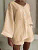 Women's Cotton Linen Shirt & Shorts Set – Long Sleeve, Button, Casual 2-Piece by FitiqueFit