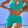 Coastal Curve Halter Bikini Set for Women – V-Neck Crisscross Drawstring Swimsuit with Chic Ring Detail & High-Waisted Boxer Shorts for Summer – Sleek Two-Piece Nylon Swimwear for Women’s Beach & Poolside Style by Stevvex