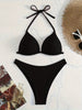 Bikini Rib Knit Solid Color Triangle 2 Piece Swimsuit for Women – Adjustable Tie Back Halter Bikini Set with Spaghetti Straps – High Stretch Polyester Swimwear for Summer Beachwear Poolside Relaxation and Tropical Vacation by Stevvex