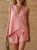 Women's Cotton-Linen V-Neck Button Sleeveless Top & Shorts Set by FitiqueFit