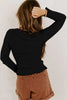 Black Lace Neckline Button Decor Lettuce Edge Long Sleeve Ribbed Top by Wild and Free Boutique