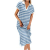 Polo Collar Stripes Short Sleeve Split Long Dress