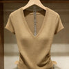 Solid Color Ice Silk Knit Top for Women – Slim-Fit Short Sleeve Elegant Commuter Top by FitiqueFit