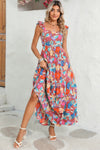 Green Boho Floral Print Ruffle Sleeveless Tiered Maxi Dress