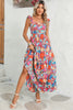 Green Boho Floral Print Ruffle Sleeveless Tiered Maxi Dress