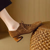 Women's Retro Sheepskin Square Toe Chunky Heel Pumps – Lace-Up Mid Heel by FitiqueFit