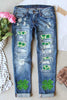 Wholesale Sky Blue St Patricks Clover Graphic Patchwork Sequin Distressed Jeans