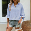 Women’s Striped V‑Neck Blouse with Ruffled Cuffs & Tie‑Back Slit by FitiqueFit