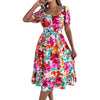 Casual Flower Square Collar Short Sleeve Waist Trimming Ruffles A- Line Dress