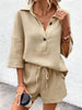 Women's Notch-Lapel Short-Sleeve Top & Belted Shorts Two-Piece Set by FitiqueFit
