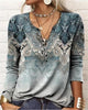 Women's Ethnic Print V-Neck Long Sleeve Loose T-Shirt by FitiqueFit