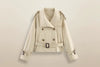 Women's Notch-Collar Short Trench Coat with Belt Buckle Detail by FitiqueFit