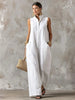 Linen Blend Sleeveless Stand-Collar Jumpsuit – 5 Colors S–3XL by FitiqueFit