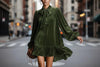 Women’s Bow-Tie Puff Sleeve Dress – Elegant Asymmetric Ruffle Hem Short Dress by FitiqueFit