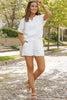 White Textured Split Neck Top and Drawstring Shorts Set